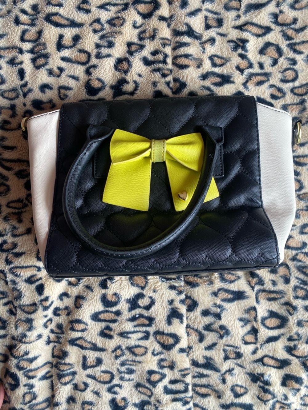 Betsy Johnson 
Quilted Black & White Satchel with Yellow Bow Accent